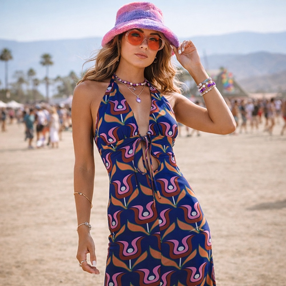Dolls Kill Delia’s halter Maxi dress Y2K retro Psychedelic print women’s large